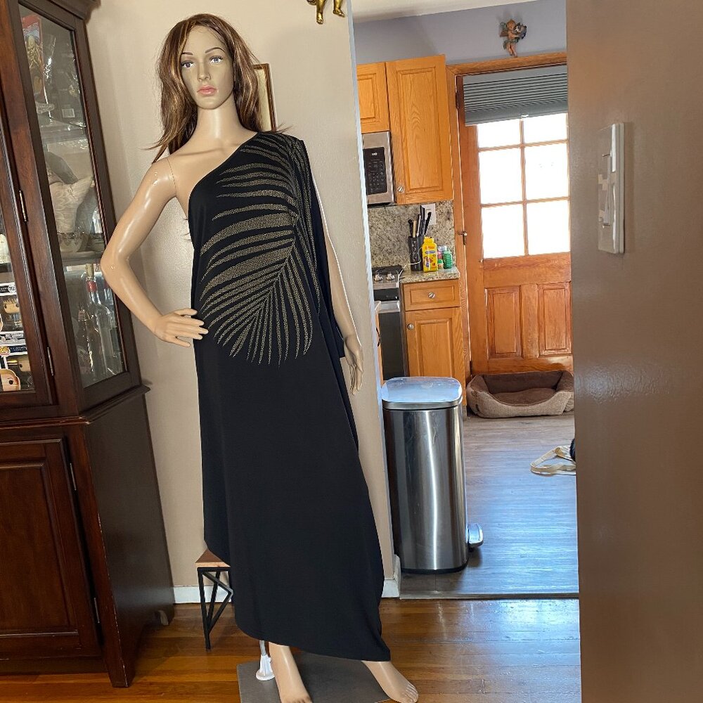 City Chic Black With Gold Palm Drape 1 Shoulder Dress NWT Size L (20)